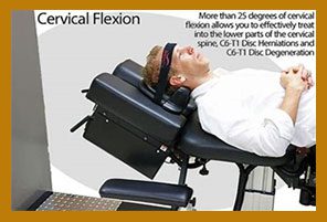 Man undergoing cervical flexion therapy on table.