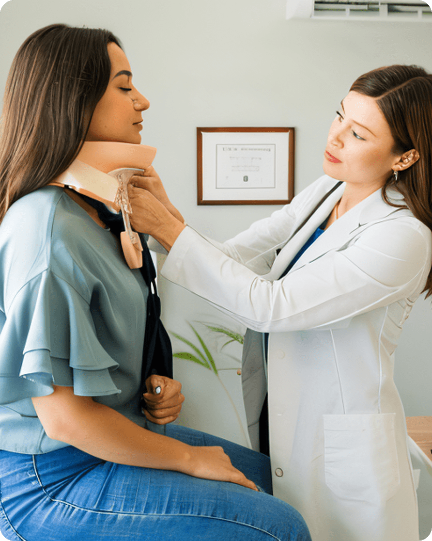 Doctor adjusting a neck brace on patient.