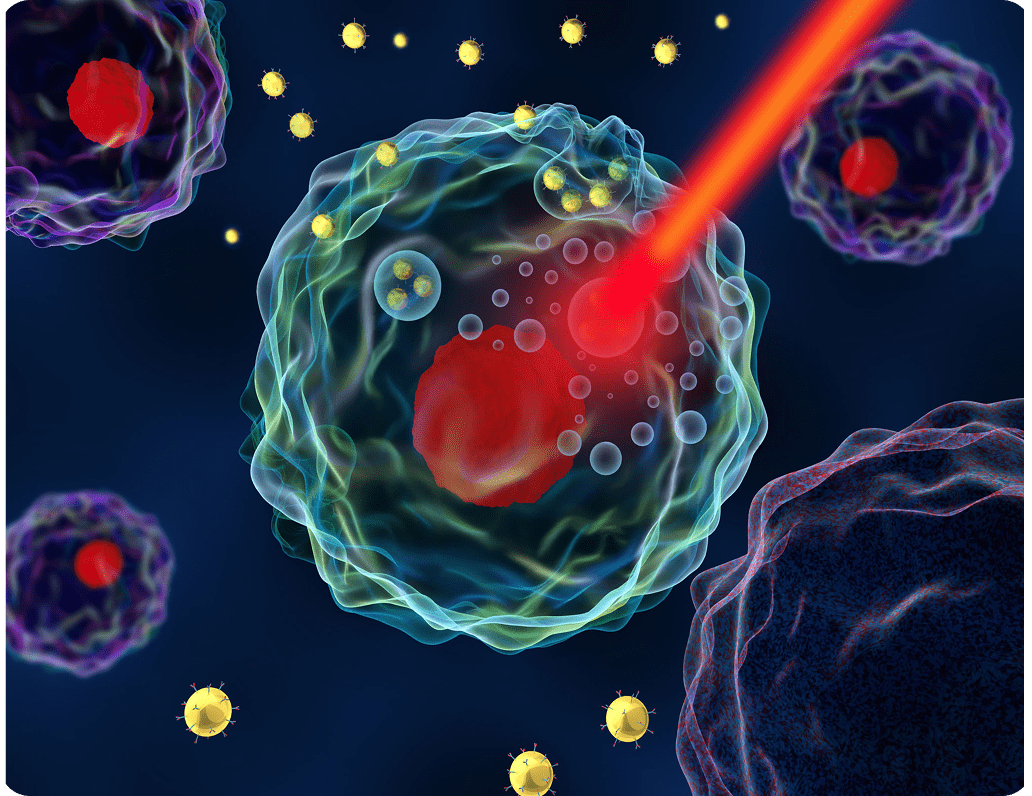 Laser targeting cells with red and yellow spheres.