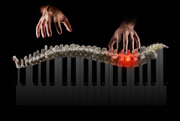 Chiropractic massage from back pain, manual therapy concept. Manual therapist professionally treats human spine as if playing piano